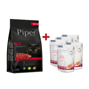 Piper täistoit veiselihaga täiskasvanud kassidele 3 kg + 5 x 100 g Piper märgtoit lõhega