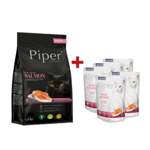 Piper täistoit lõhega täiskasvanud steriliseeritud kassidele 3 kg + 5 x 100 g Piper märgtoit lõhega