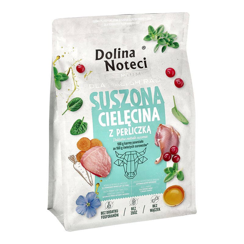 Dolina Noteci Premium õhkkuivatatud koeratoit väikesele koerale vasika ja pärlkanaga 3 kg