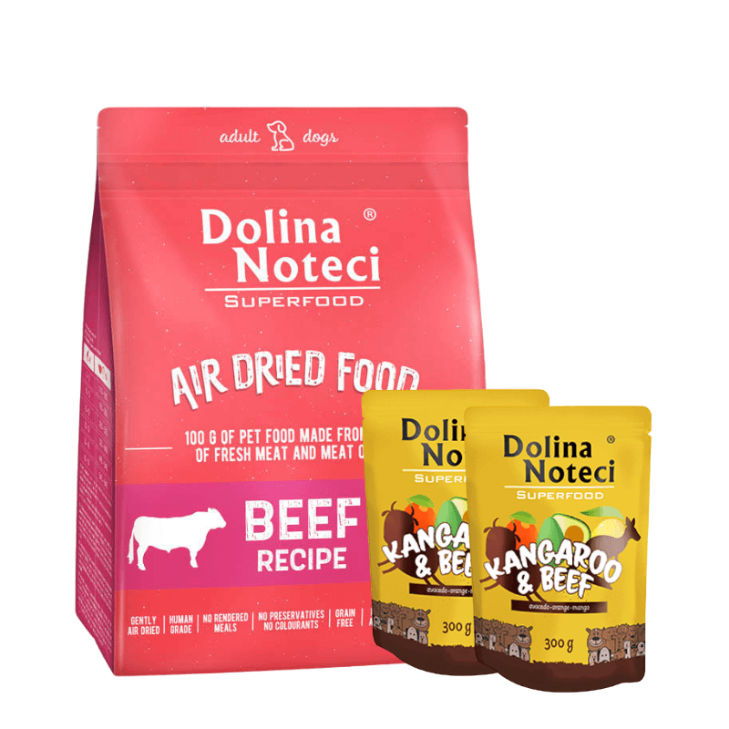 Dolina Noteci Superfood kombo veiselihaga: 1 kg kuivtoit + 2 x 300 g märgtoit