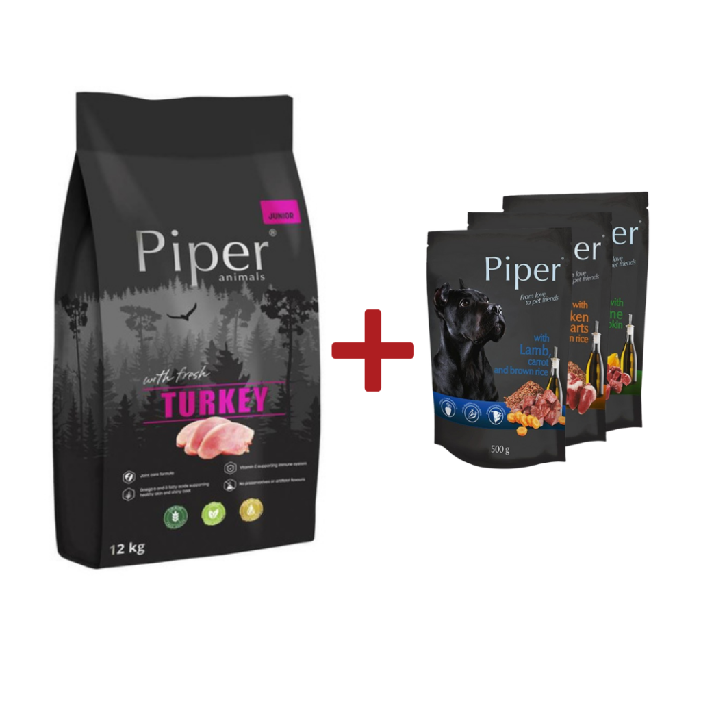 Piper täistoit kalkunilihaga kutsikatele ning väikest ja keskmist tõugu koertele 12 kg + 3 x 500 g Piper konservi (mix)