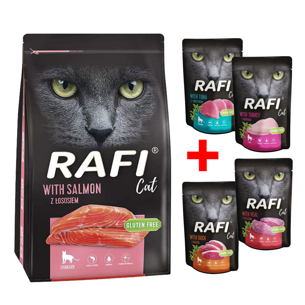 Rafi gluteenivaba täisväärtuslik kuivtoit lõhega steriliseeritud kassidele 7 kg + 4 x 100 g Rafi konserv